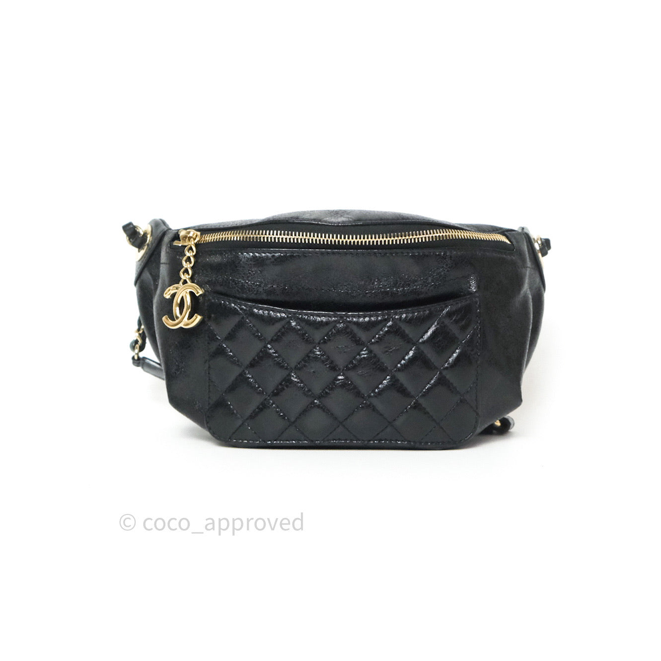 Chanel Black Glazed Calfskin Fanny Pack Belt Bag Gold Hardware
