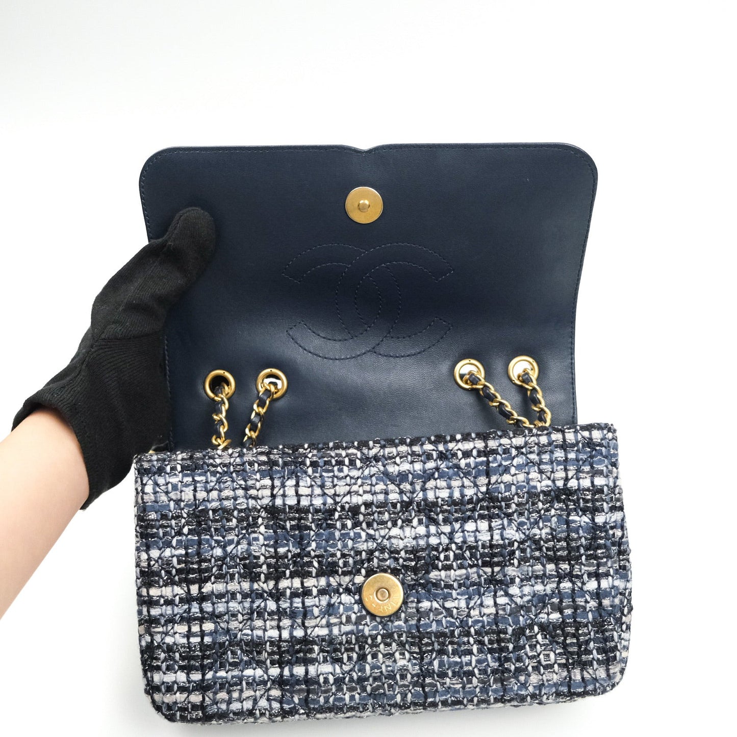 Chanel Quilted Small CC Filigree Flap Blue Tweed With Python 18S
