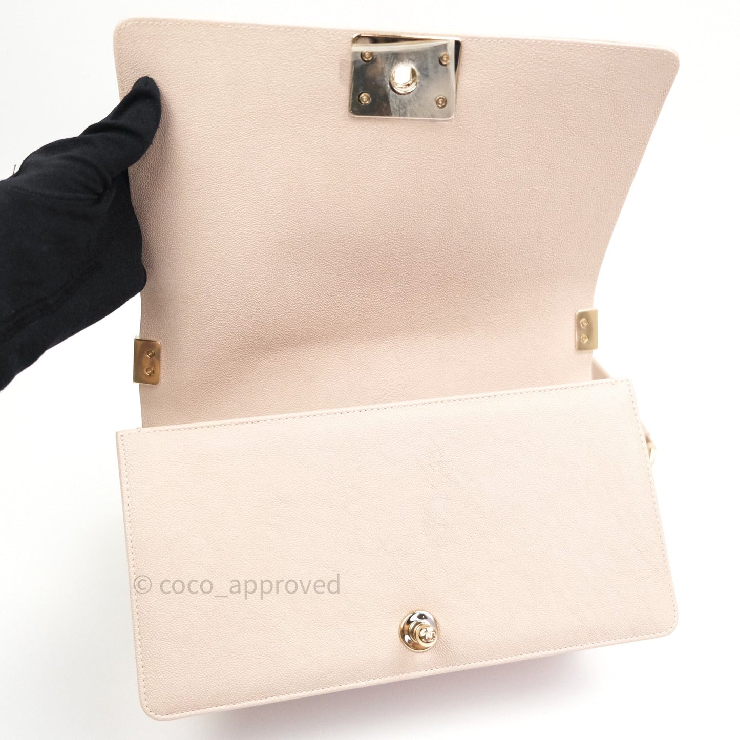 Chanel Quilted Medium Caviar Boy Flap Light Beige Light Gold Hardware