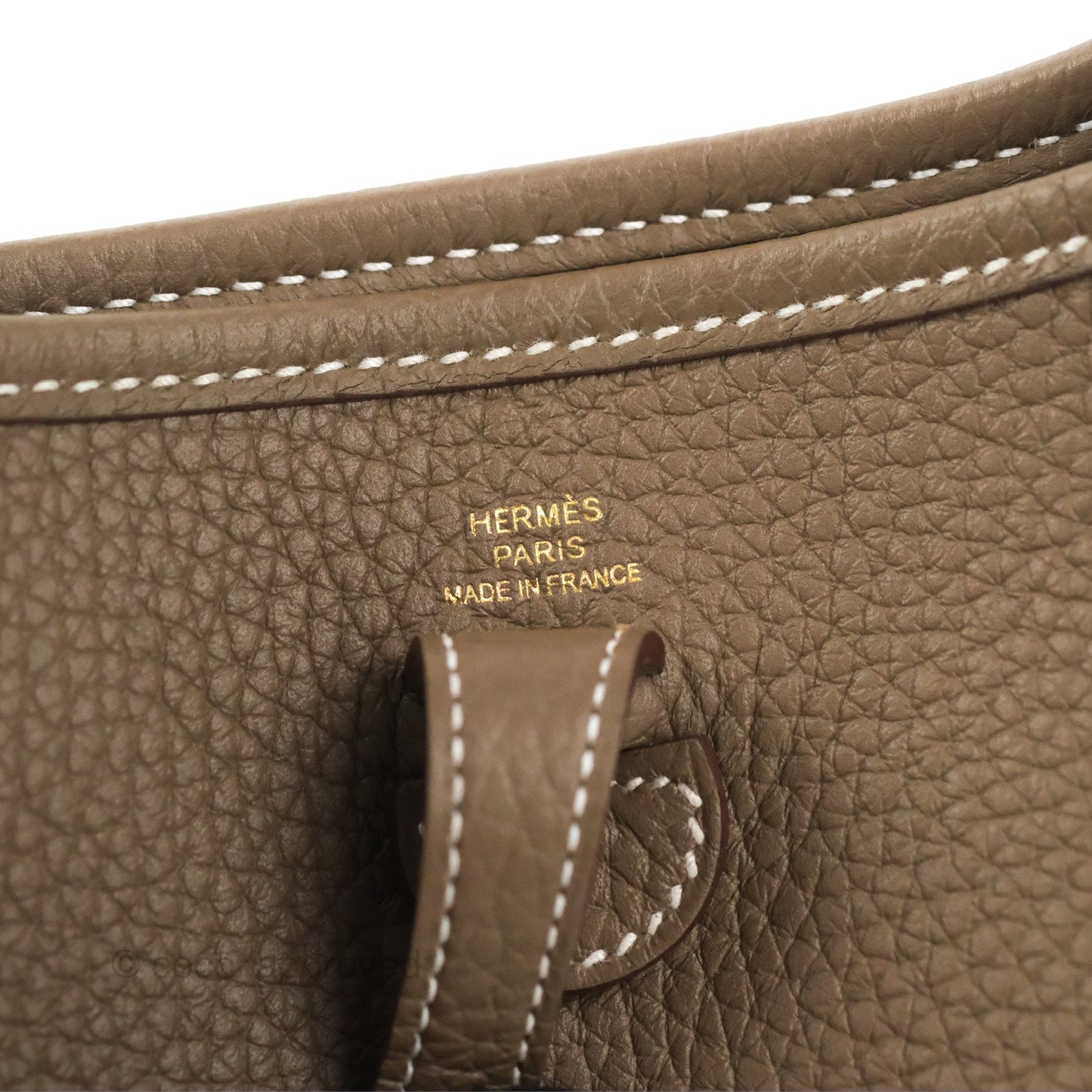Hermès Mini Evelyne 16 Etoupe Clemence Gold Hardware with Bleu Indigo Strap