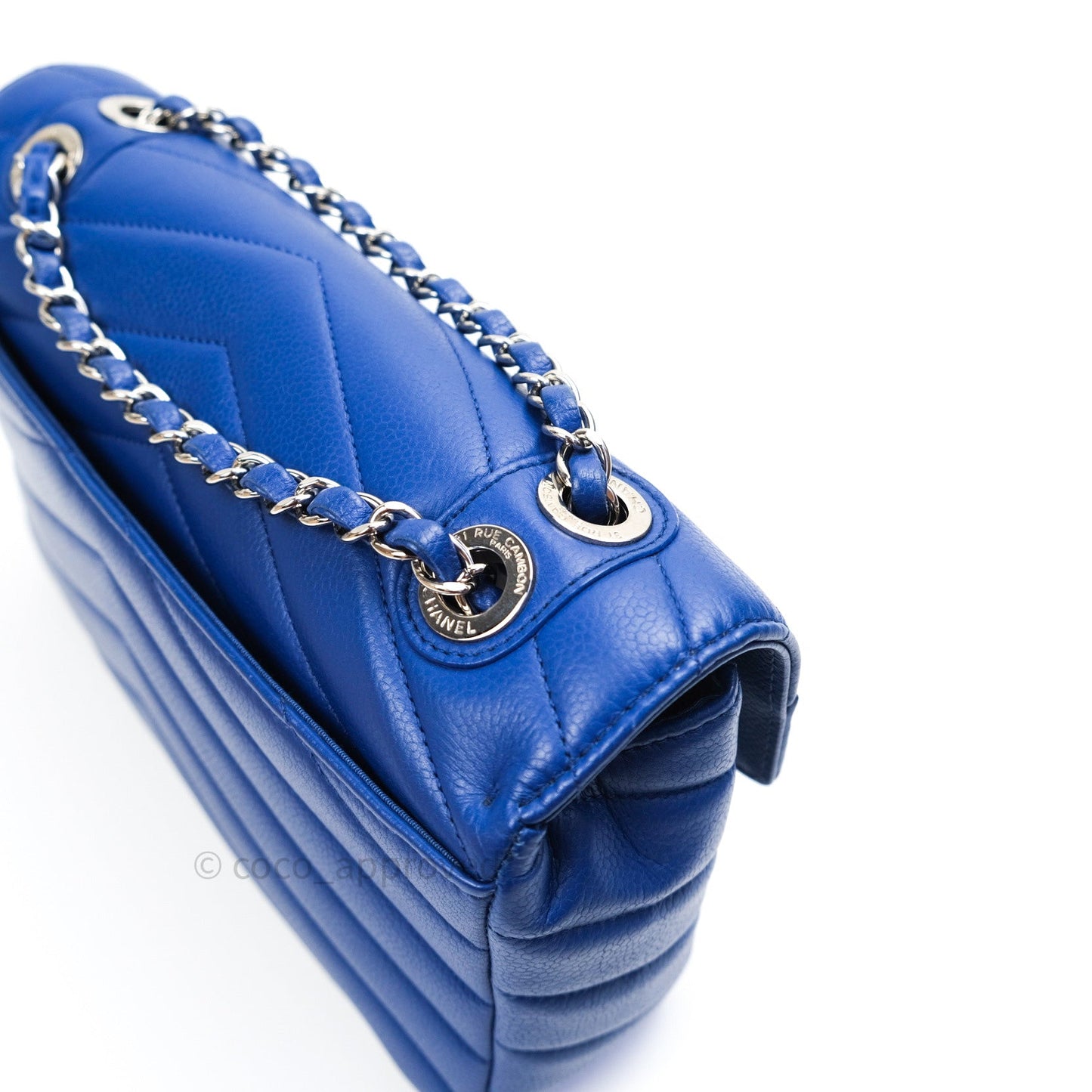 Chanel Chevron Quilted Medium Blue Grained Calfskin Silver Hardware