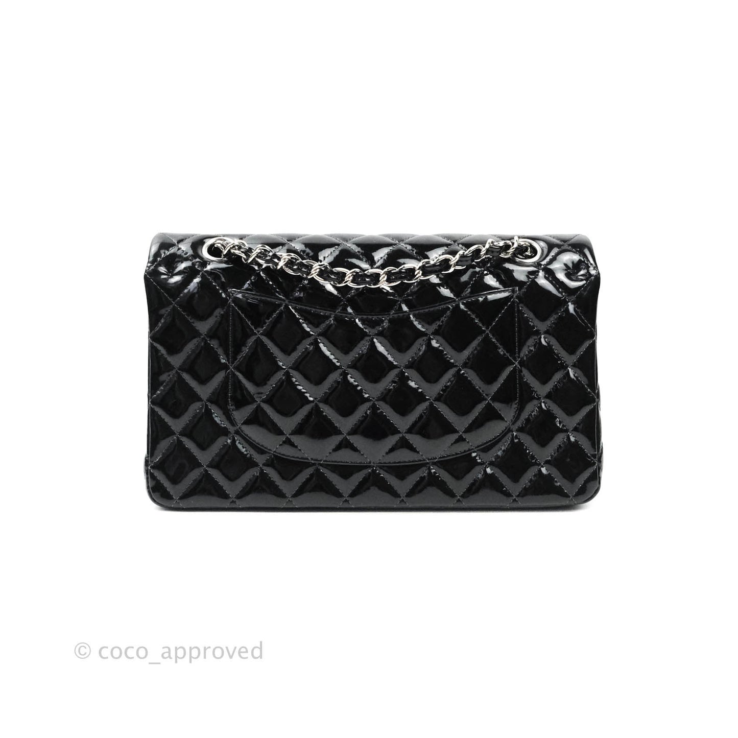 Chanel Classic M/L Medium Double Flap Bag Black Patent Silver Hardware