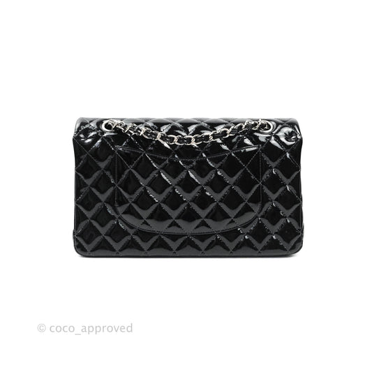 Chanel Classic M/L Medium Double Flap Bag Black Patent Silver Hardware