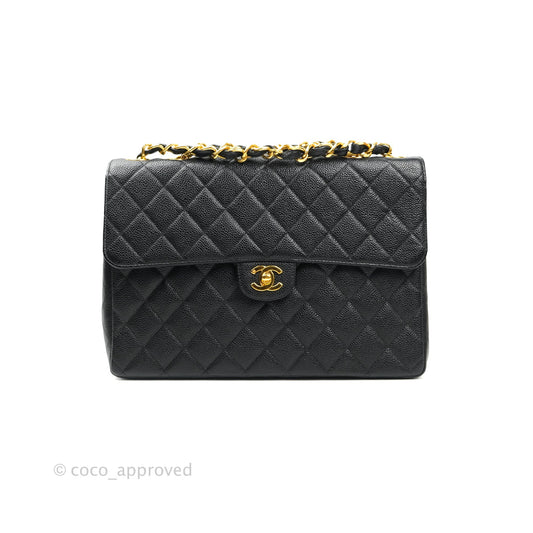 Chanel Classic Vintage Jumbo Single Flap Black Caviar 24K Gold Hardware