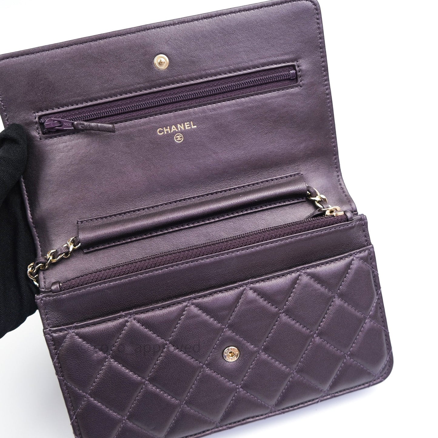 Chanel Quilted Wallet on Chain WOC Metallic Purple Light Gold Hardware