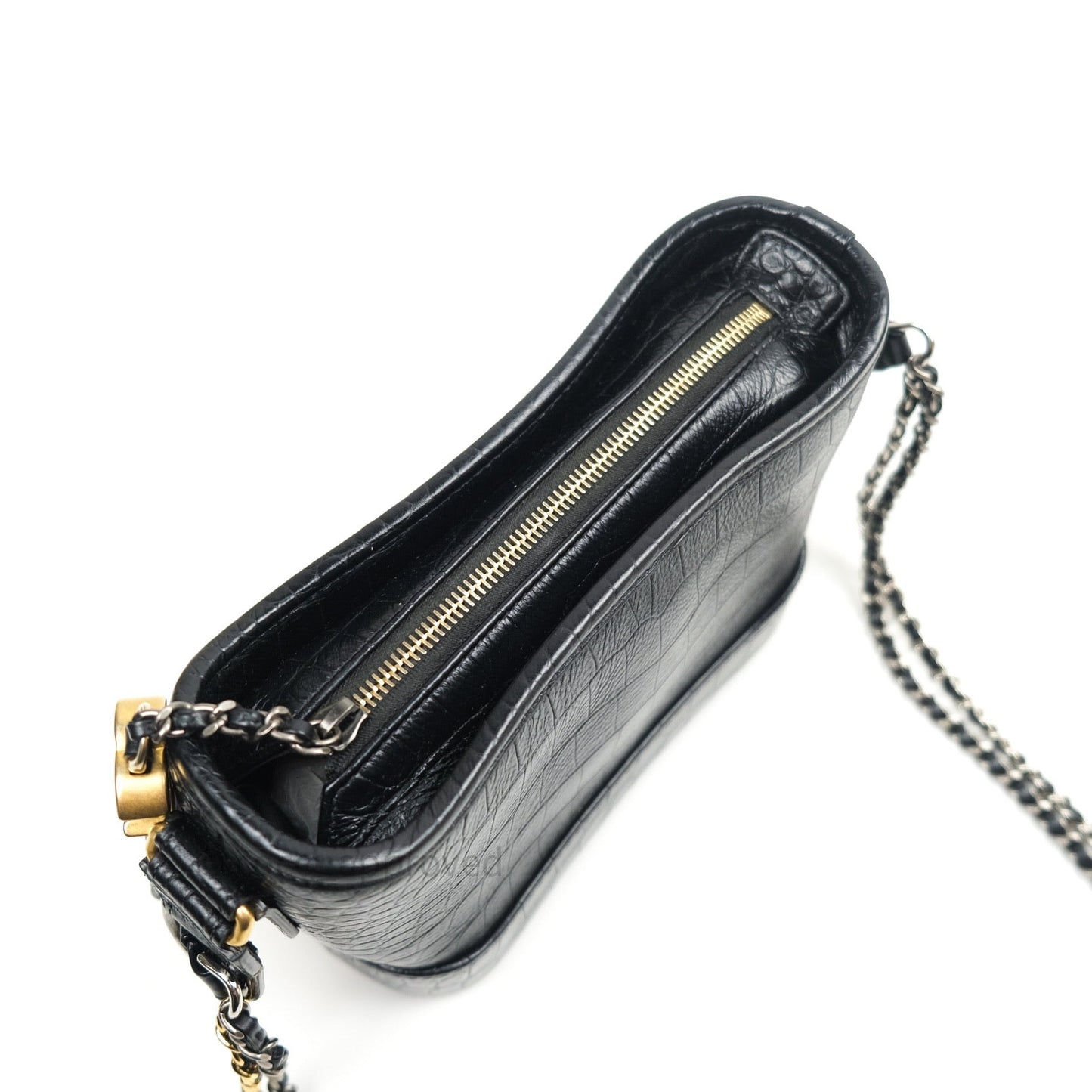 Chanel Crocodile Embossed Calfskin Small Gabrielle Cocodile Hobo Black
