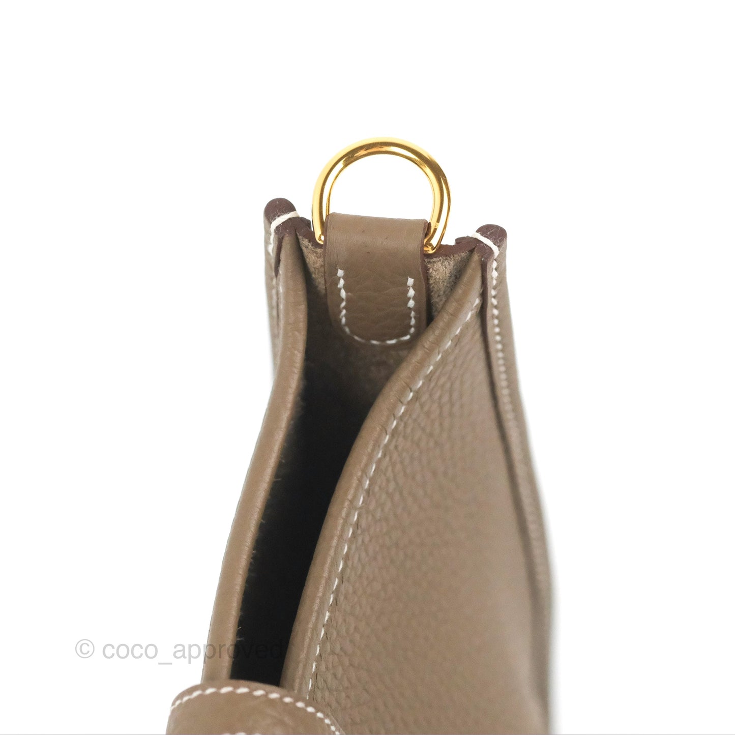 Hermès Mini Evelyne 16 Etoupe Clemence Gold Hardware with Bleu Indigo Strap