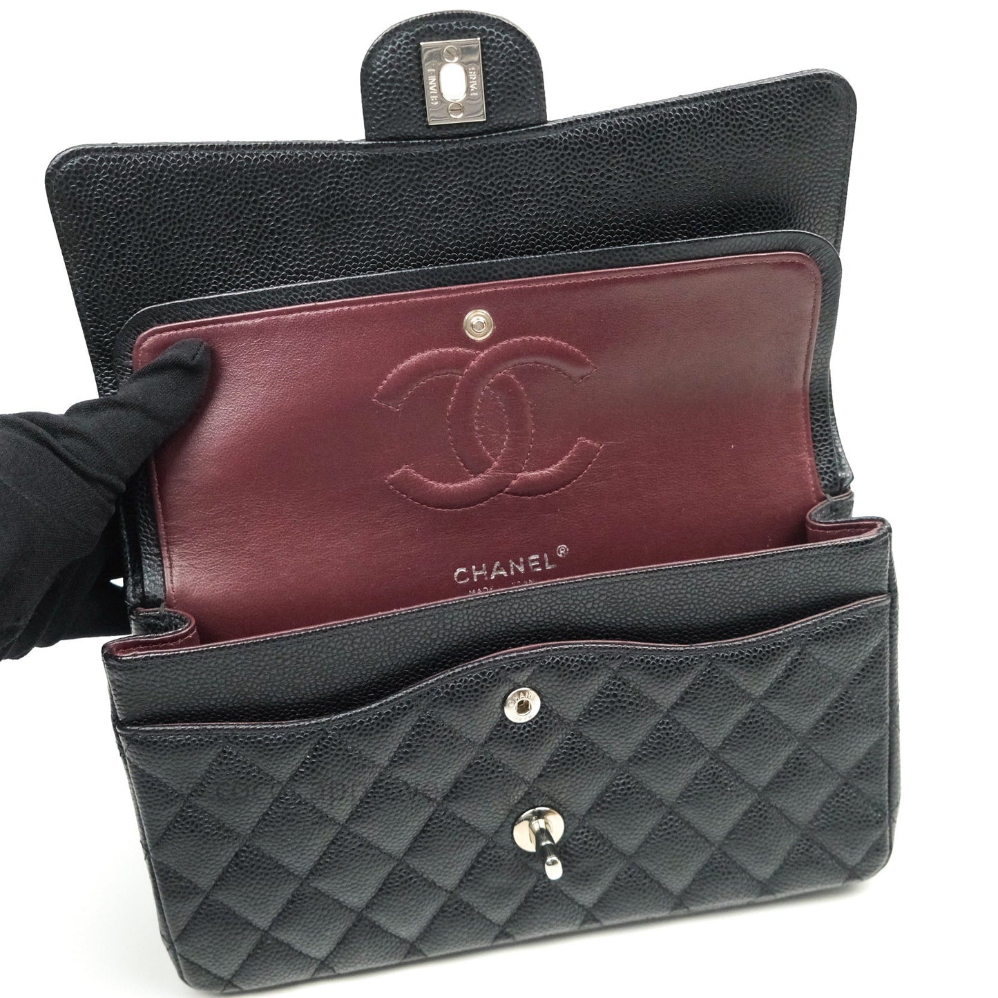 Chanel Quilted M/L Medium Double Flap Bag Black Caviar Silver Hardware