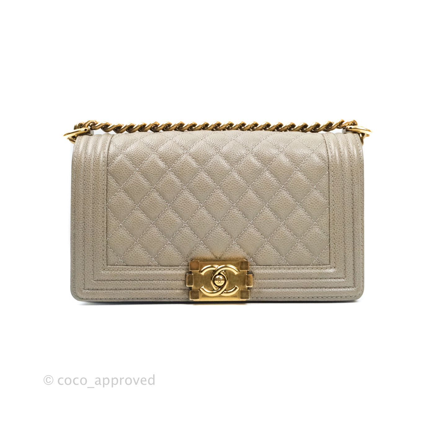 Chanel Boy Quilted Medium Taupe Grey Caviar Gold Hardware 14B