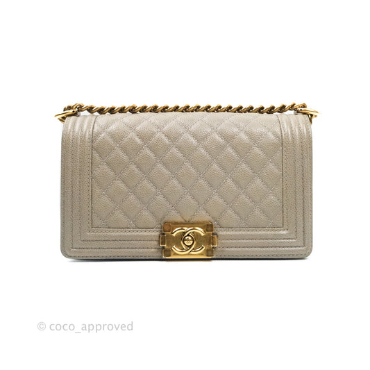 Chanel Boy Quilted Medium Taupe Grey Caviar Gold Hardware 14B