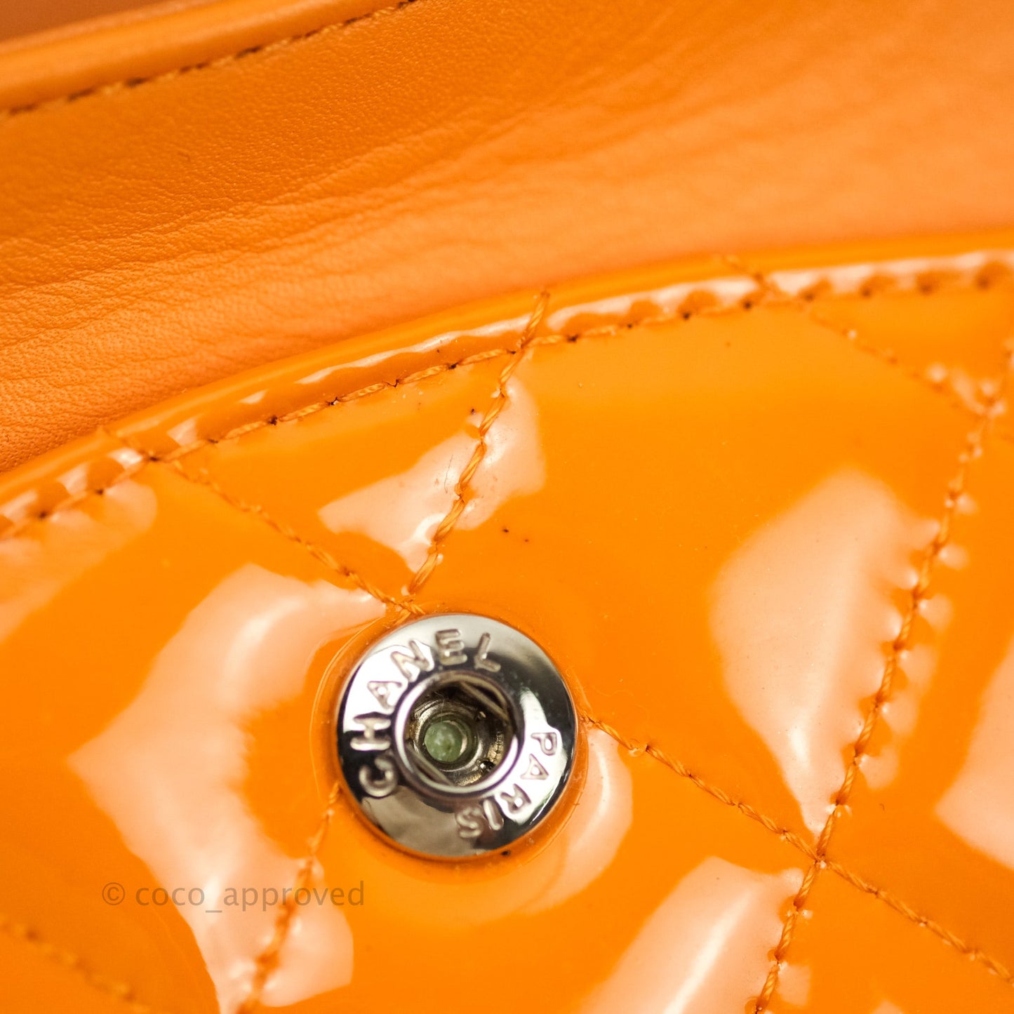 Chanel Classic M/L Medium Double Flap Orange Patent Silver Hardware