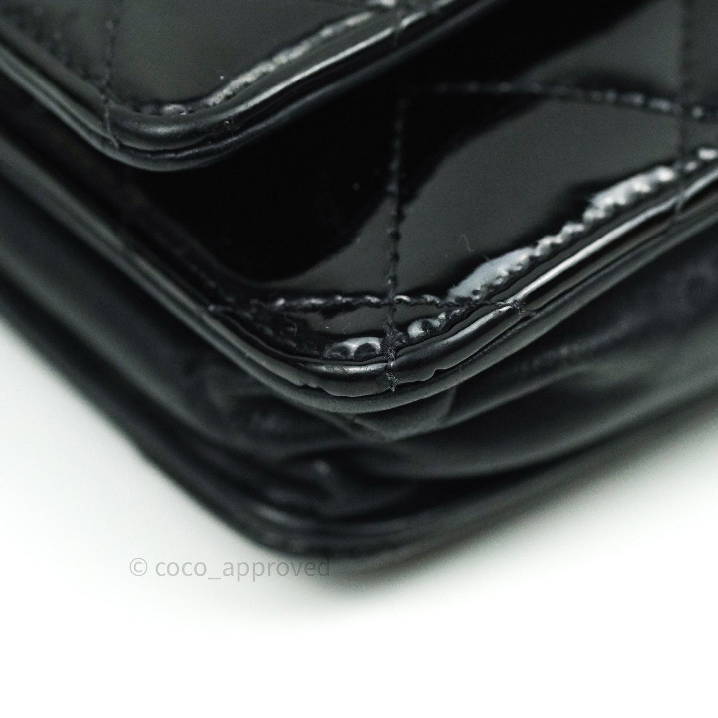 Chanel Quilted Wallet on Chain WOC Black Patent Leather Silver Hardware