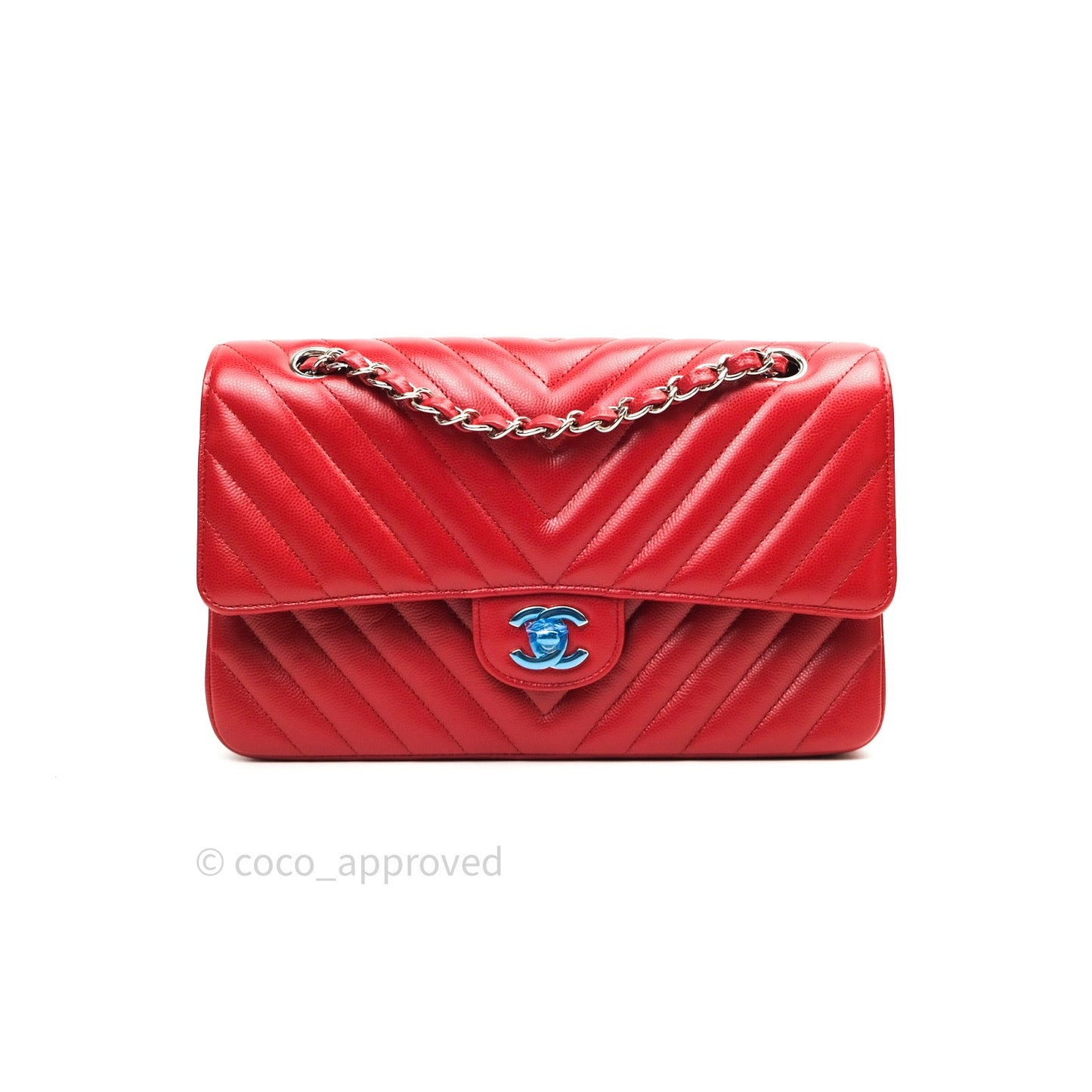 Chanel Quilted M/L Medium Double Flap Red Caviar Silver Hardware 16S