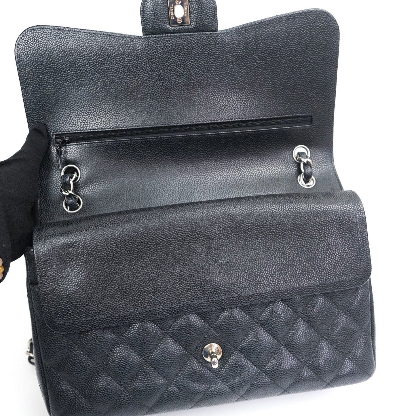 Chanel Caviar Quilted Jumbo Double Flap Black Silver Hardware