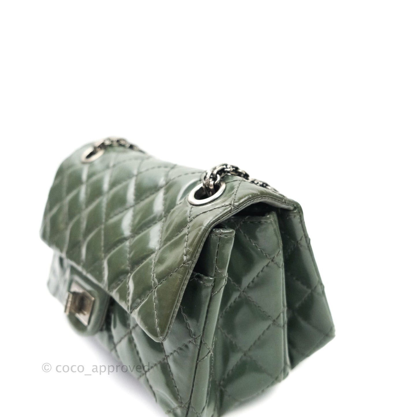 Chanel Mini Reissue 224 Army Green Patent Ruthenium Hardware Double Layer