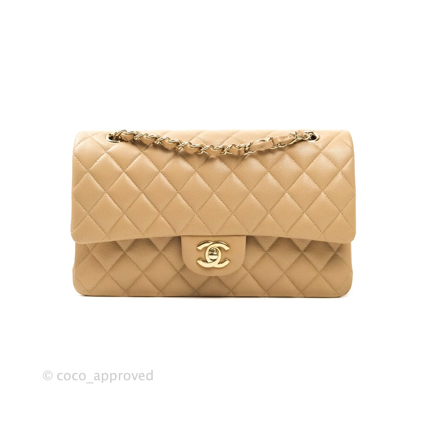 Chanel Classic M/L Medium Double Flap Dark Beige Caviar Gold Hardware 19B