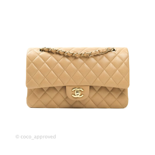 Chanel Classic M/L Medium Double Flap Dark Beige Caviar Gold Hardware 19B