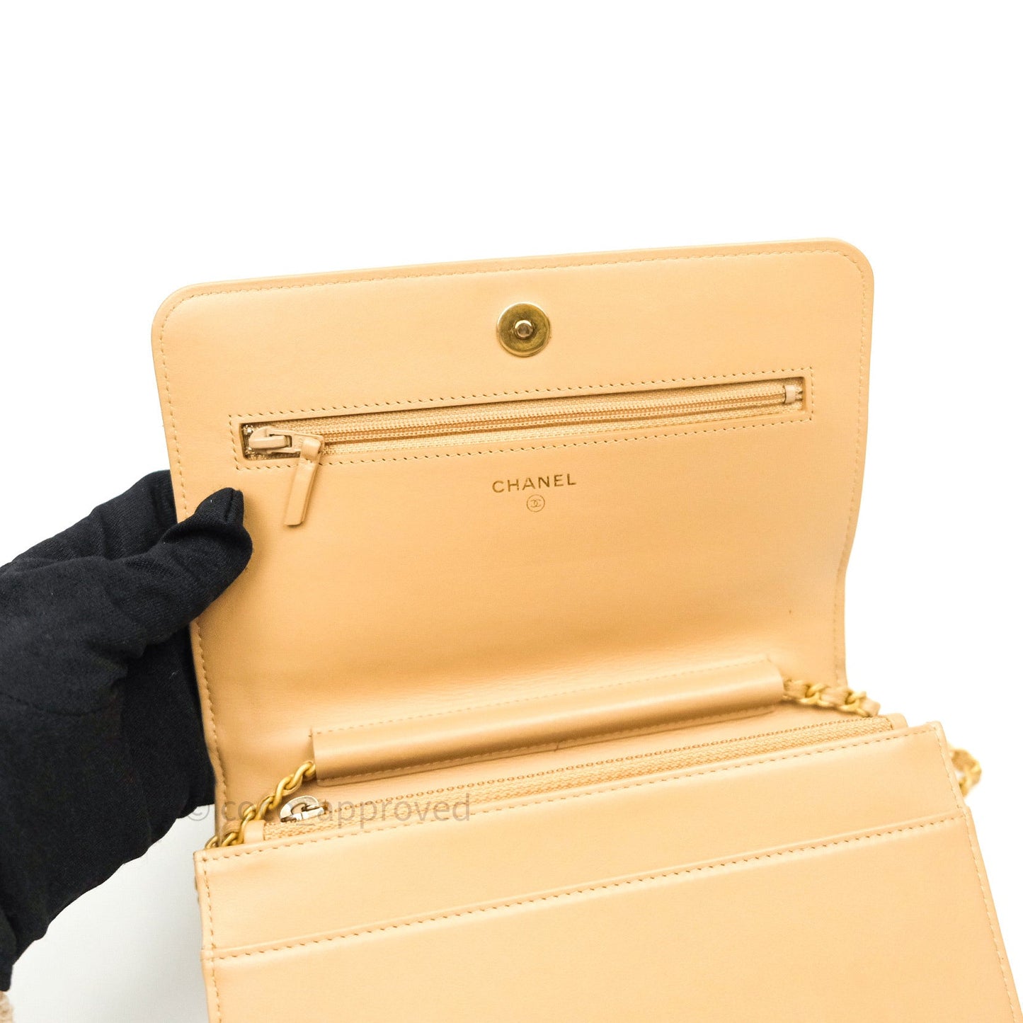Chanel Quilted Boy Wallet on Chain WOC Beige Caviar Gold Hardware