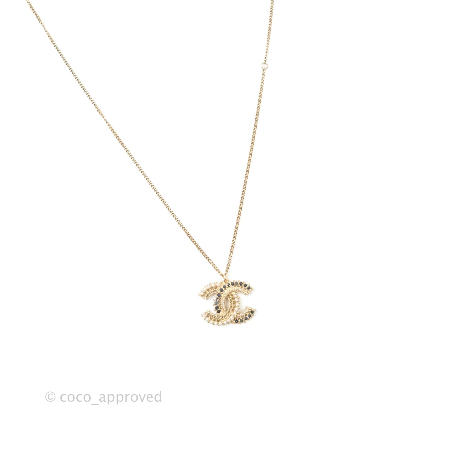 Chanel CC Pearl Pendant Necklace Gold Tone 18K