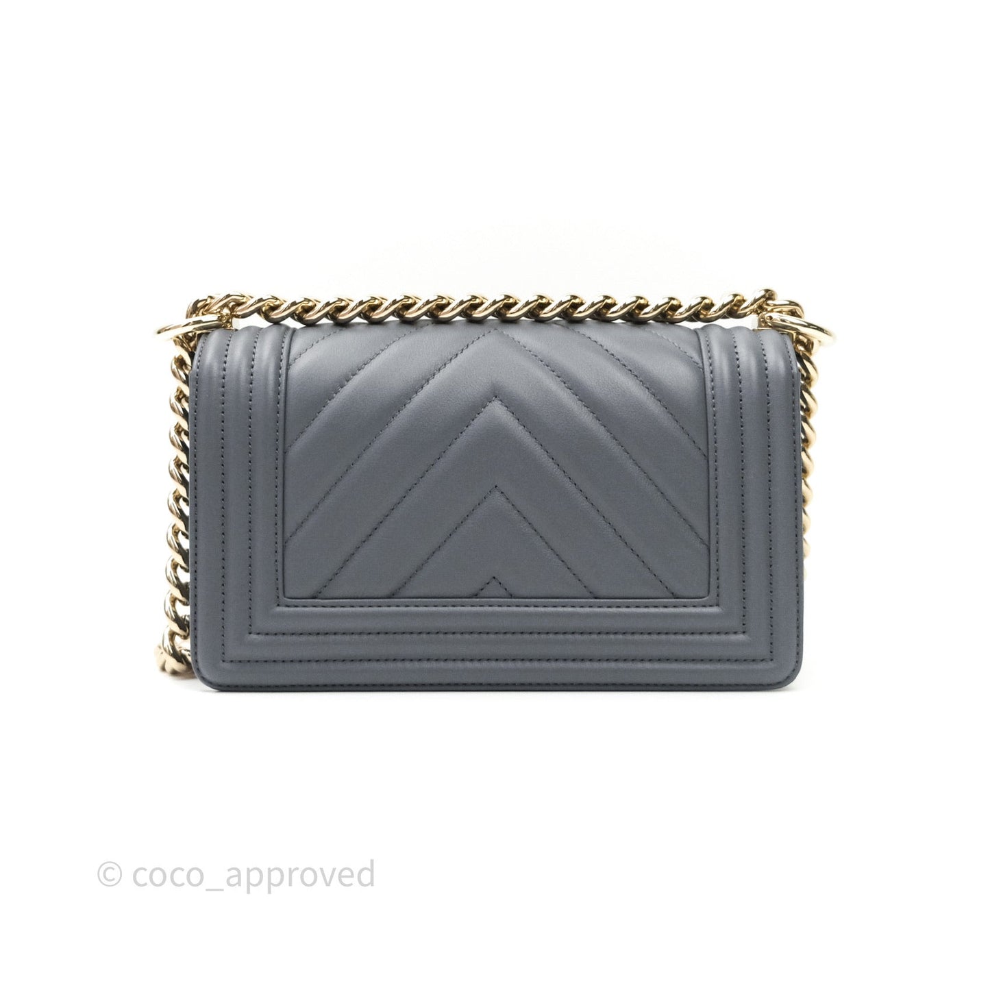 Chanel Small Boy Chevron Grey Calfskin Gold Hardware