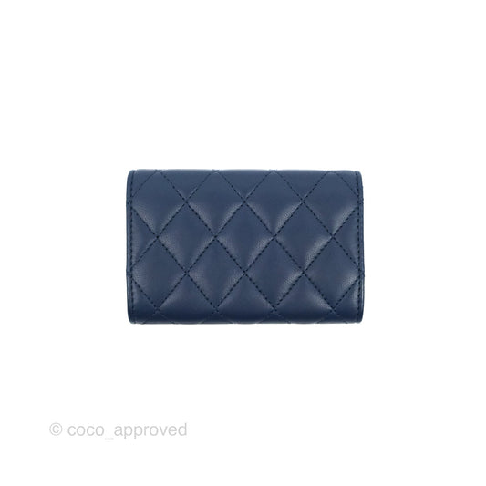 Chanel Quilted Flap Card Holder Navy Lambskin Silver Hardware