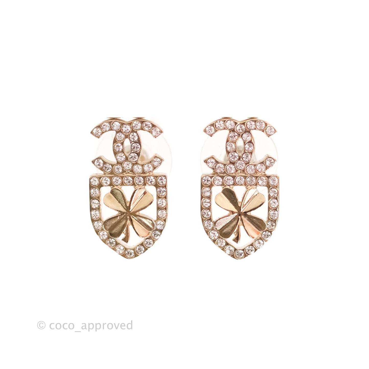 Chanel Crystal CC Clover Earrings Gold 20B