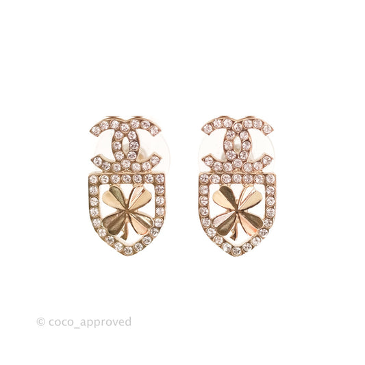 Chanel Crystal CC Clover Earrings Gold 20B