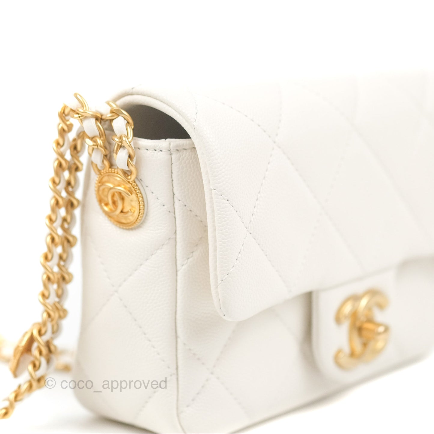 Chanel Mini Flap with Coin Charm White Caviar Aged Gold Hardware 22A