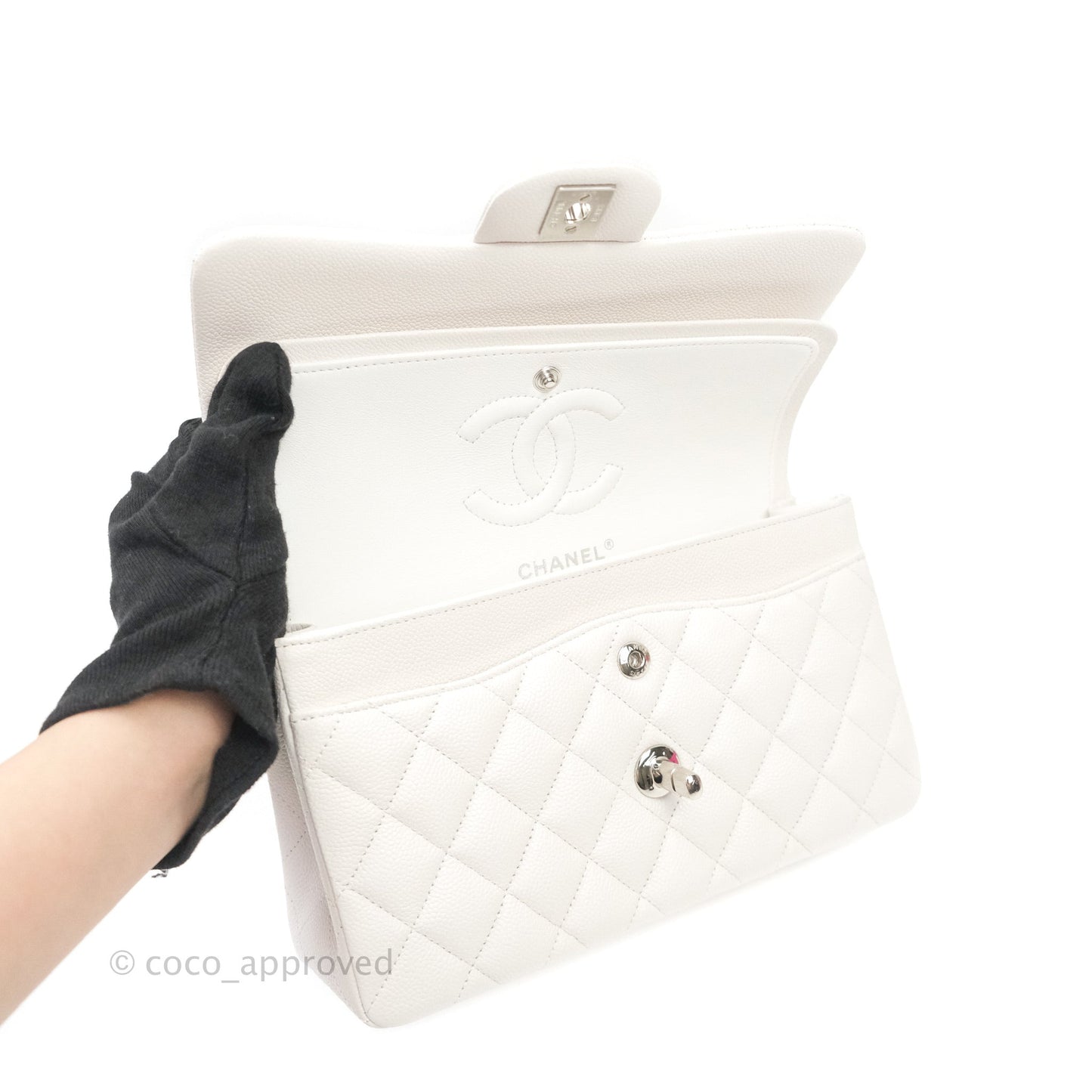 Chanel Classic Small S/M Flap White Caviar Silver Hardware