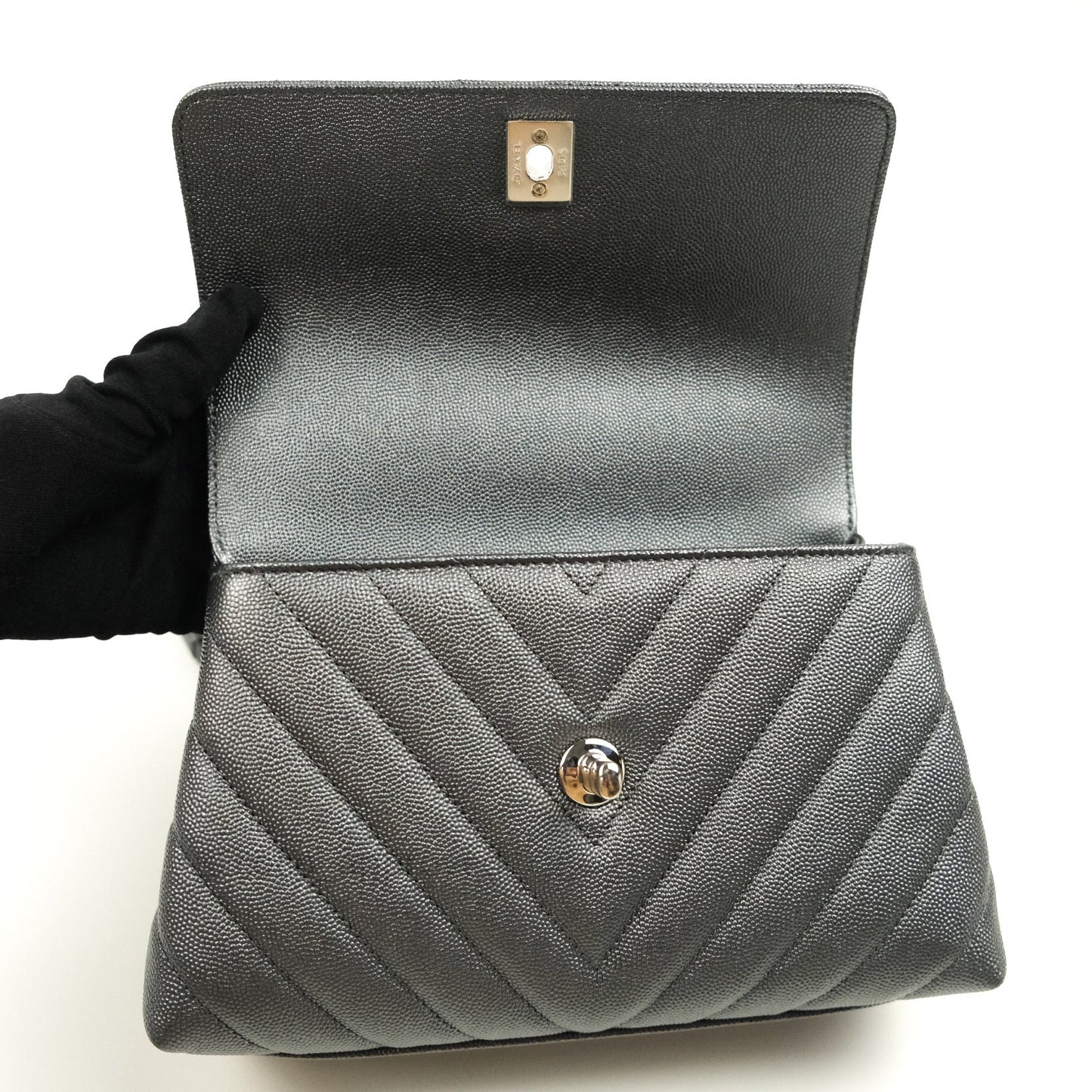 Chanel Coco Handle Chevron Mini Dark Grey Caviar Quilted Dark Silver Hardware