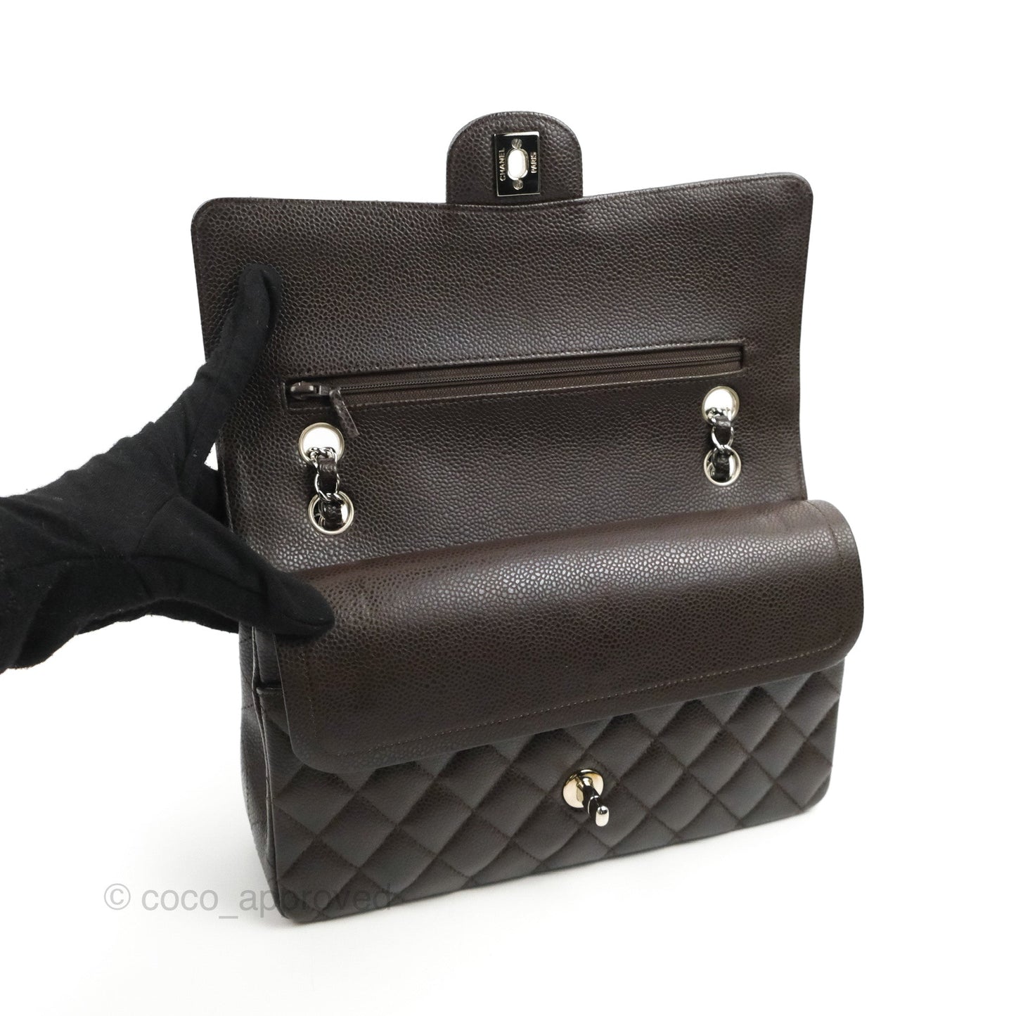 Chanel Classic M/L Medium Flap Quilted Dark Chocolate Brown Caviar Silver Hardware