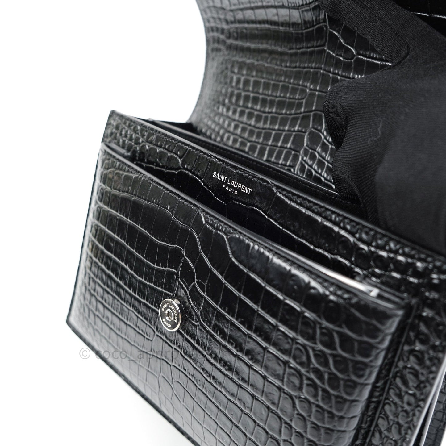 Saint Laurent Sunset Medium Black Crocodile Embossed Calfskin Silver Hardware