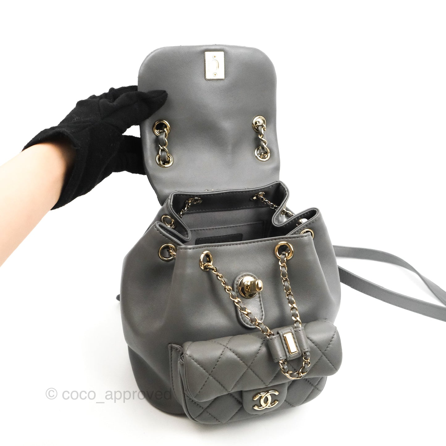 Chanel Quilted Small Duma Drawstring Backpack Grey Lambskin Gold Hardware 22A