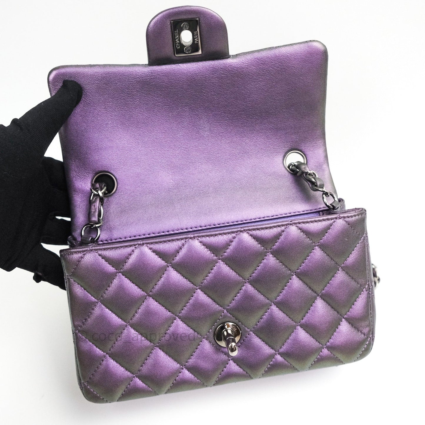 Chanel Quilted Mini Rectangular Iridescent Purple Dark Silver Hardware