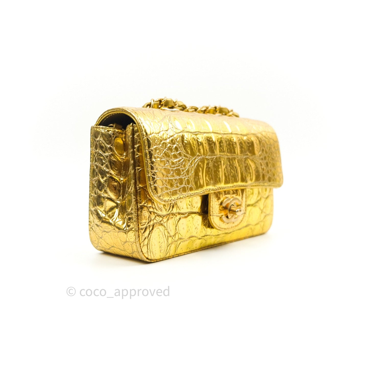 Chanel Gold Metallic Calfskin Crocodile Embossed Rectangular Mini Flap