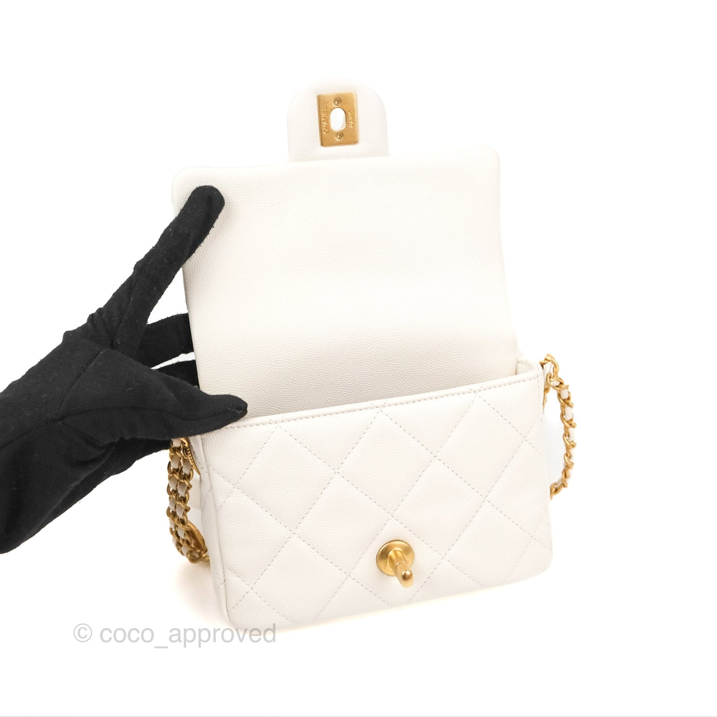 Chanel Mini Flap with Coin Charm White Caviar Aged Gold Hardware 22A