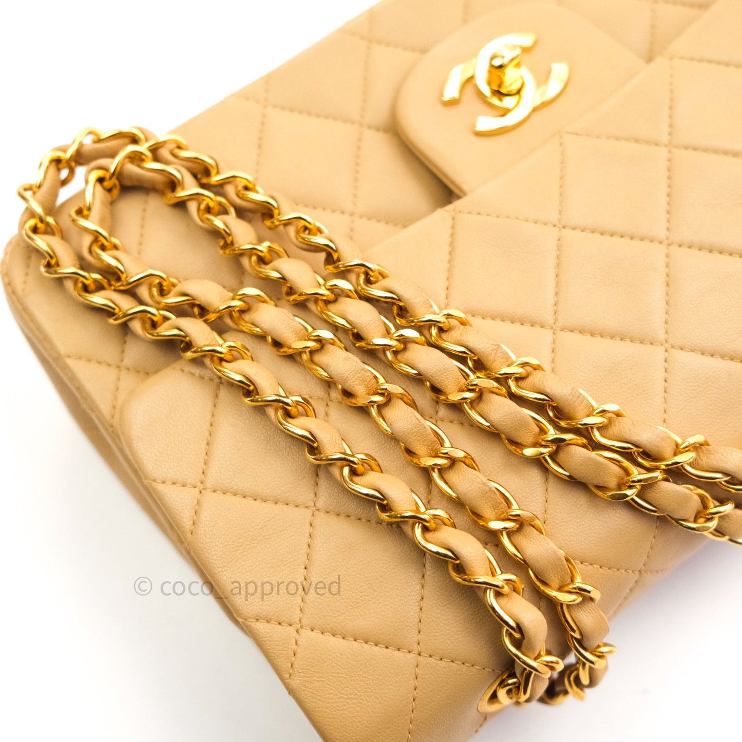 Chanel Vintage M/L Medium Double Flap Bag Beige Lambskin 24K Gold Hardware