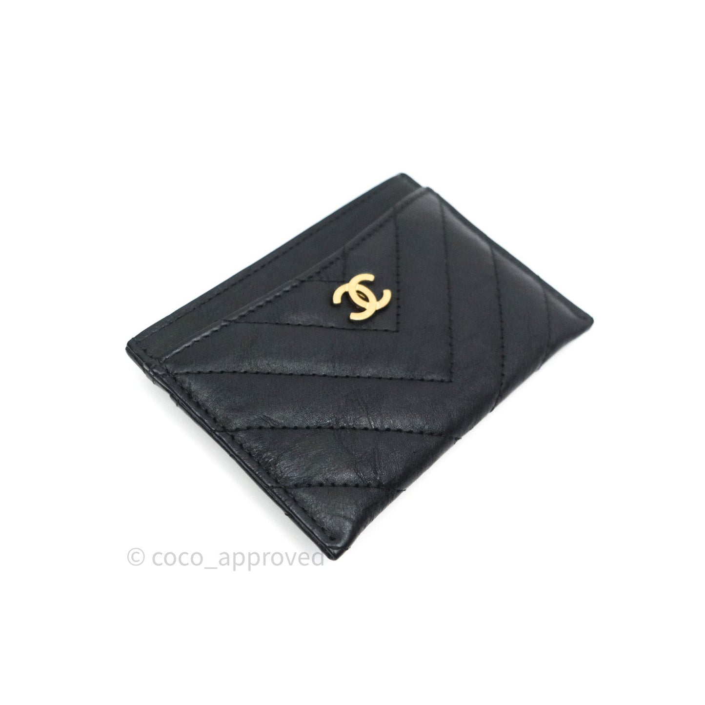 Chanel Black Chevron Classic Calfskin Flat Card Holder Gold Hardware