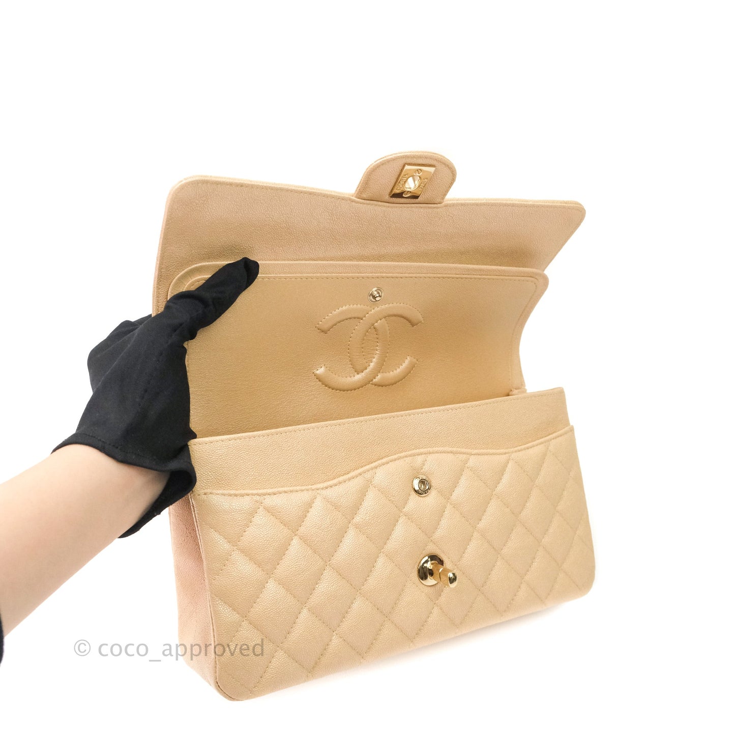 Chanel Classic M/L Medium Double Flap Iridescent Beige Caviar Gold Hardware 19S