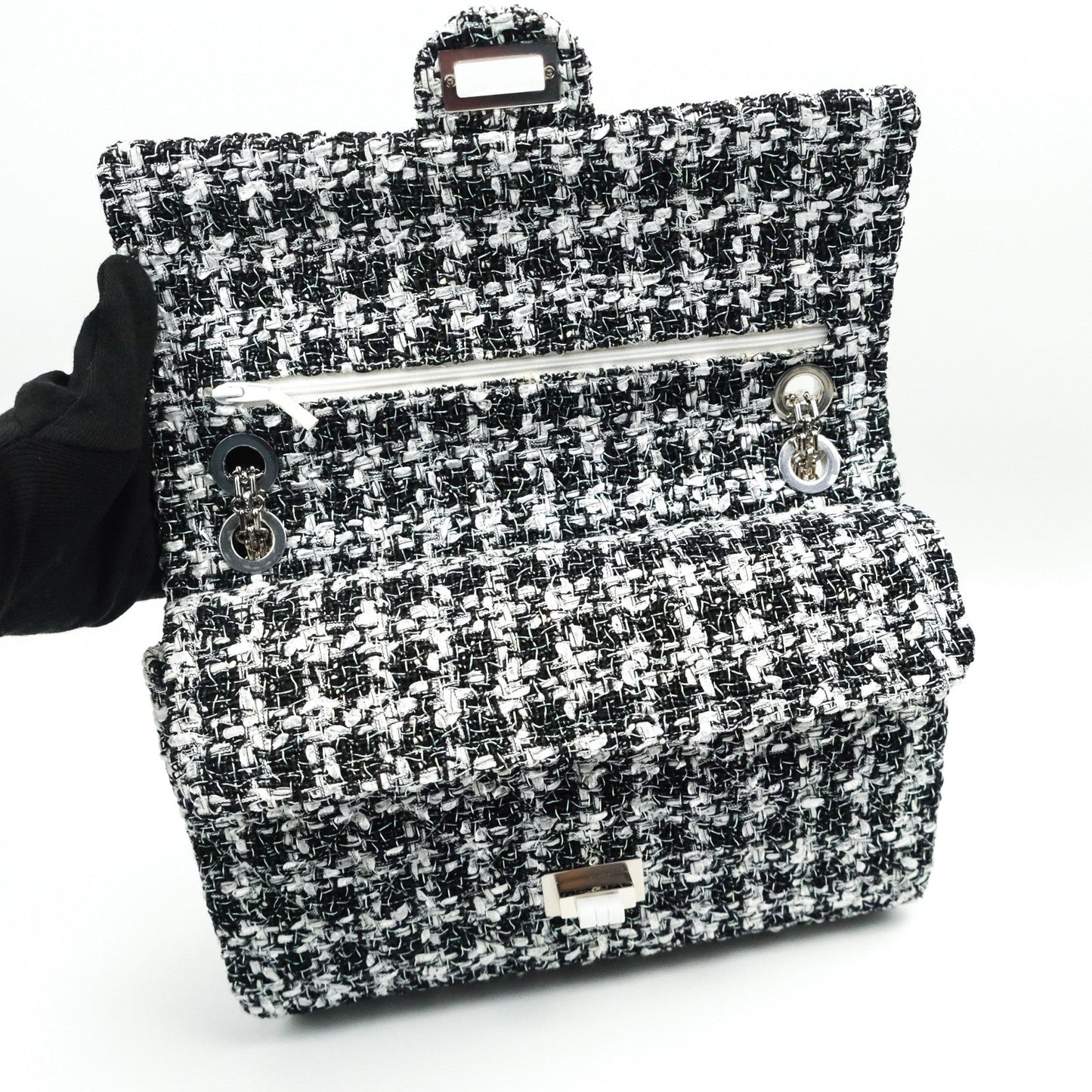 Chanel Reissue Quilted Tweed Black White Enamel Silver Hardware 226