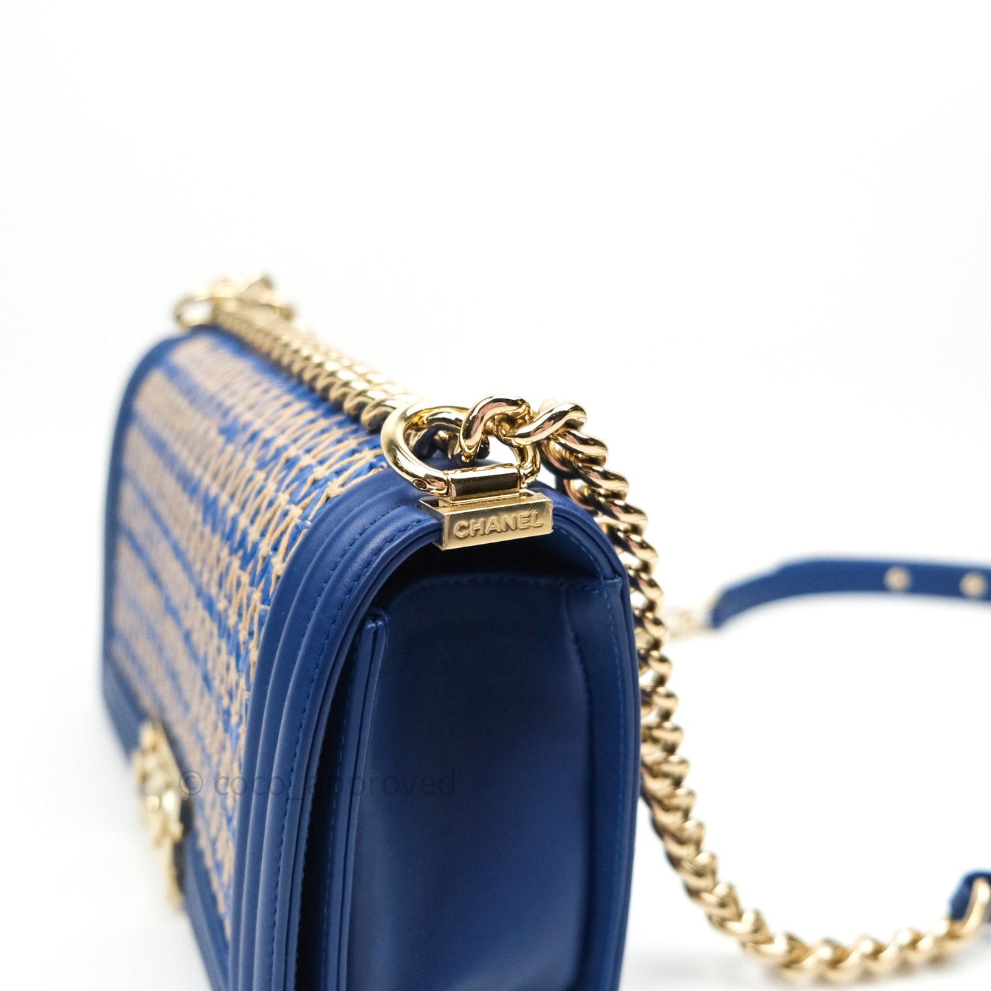 Chanel Boy Medium Straw Calfskin Navy Shiny Gold Hardware