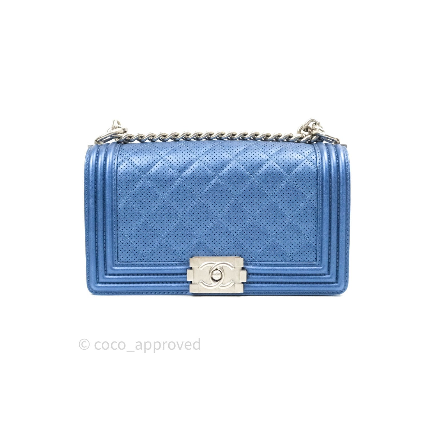 Chanel Boy Medium Blue Metallic Calfskin Perforated Silver Hardware