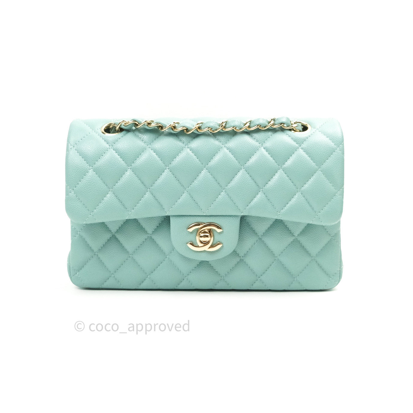 Chanel Classic Small S/M Flap Tiffany Blue Caviar Light Gold Hardware