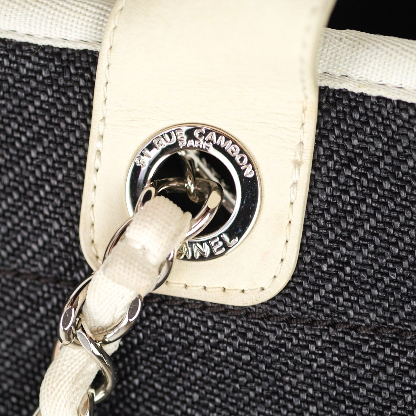 Chanel Canvas Large Deauville Tote Dark Grey Ivory Handle