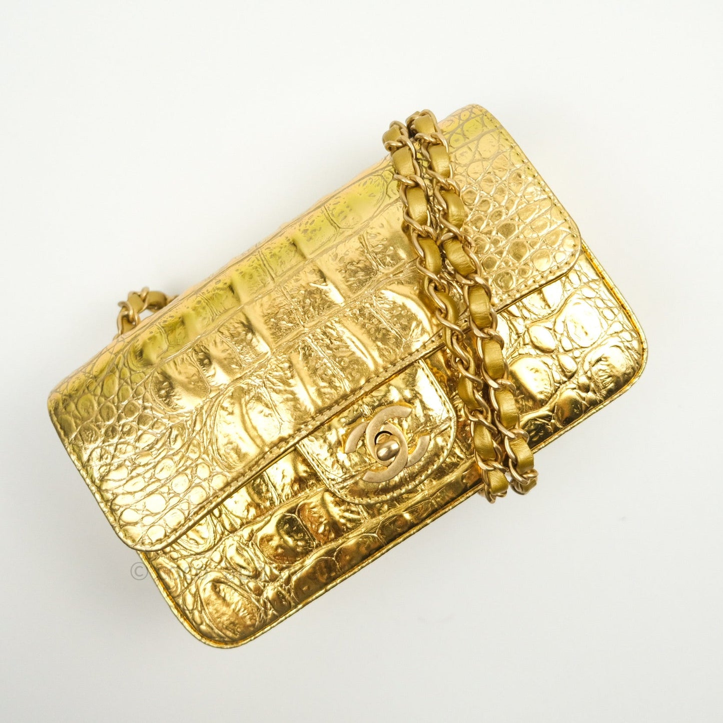 Chanel Gold Metallic Calfskin Crocodile Embossed Rectangular Mini Flap
