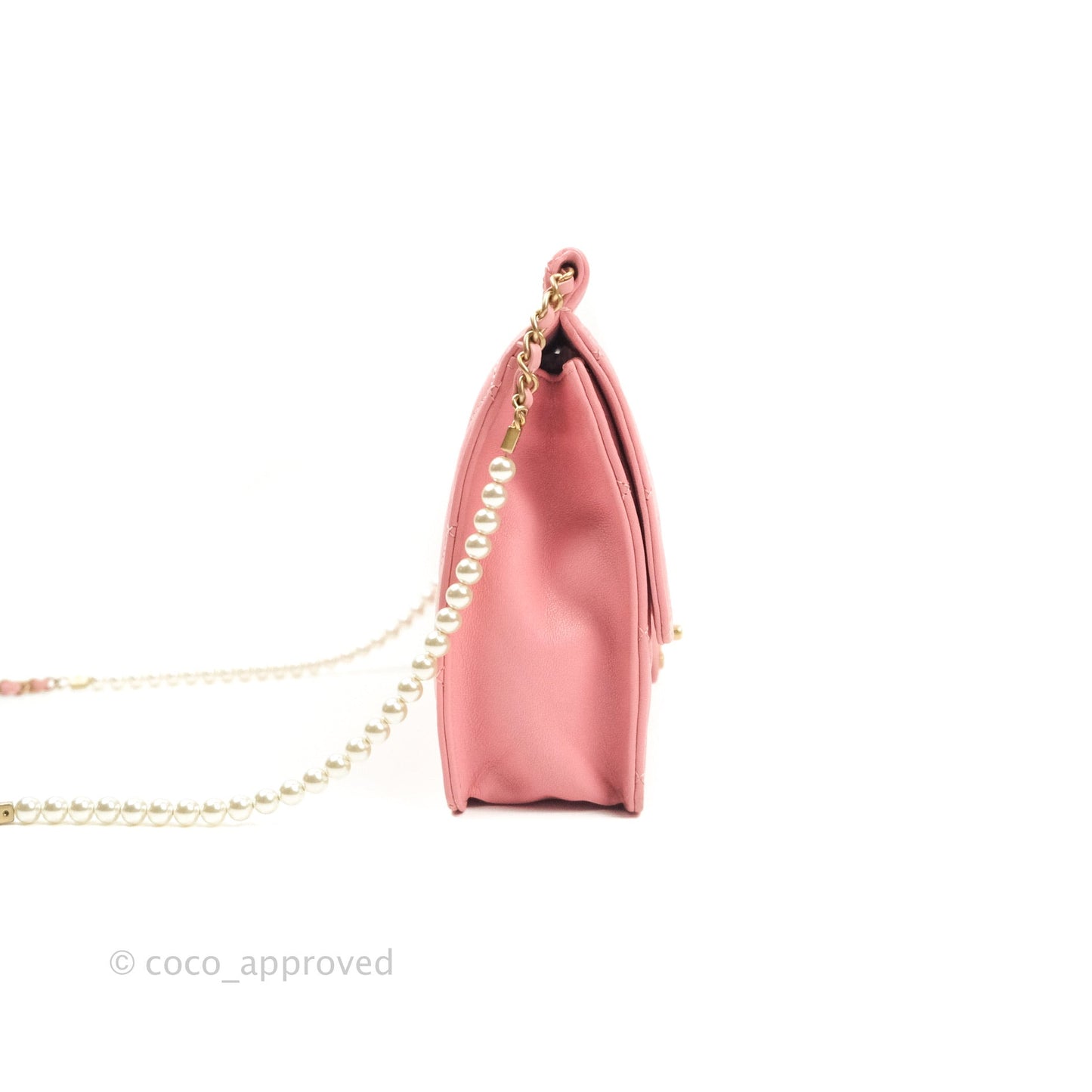 Chanel Large Quilted Lambskin Pearl Chain Flap Bag Pink Aged Gold Hardware