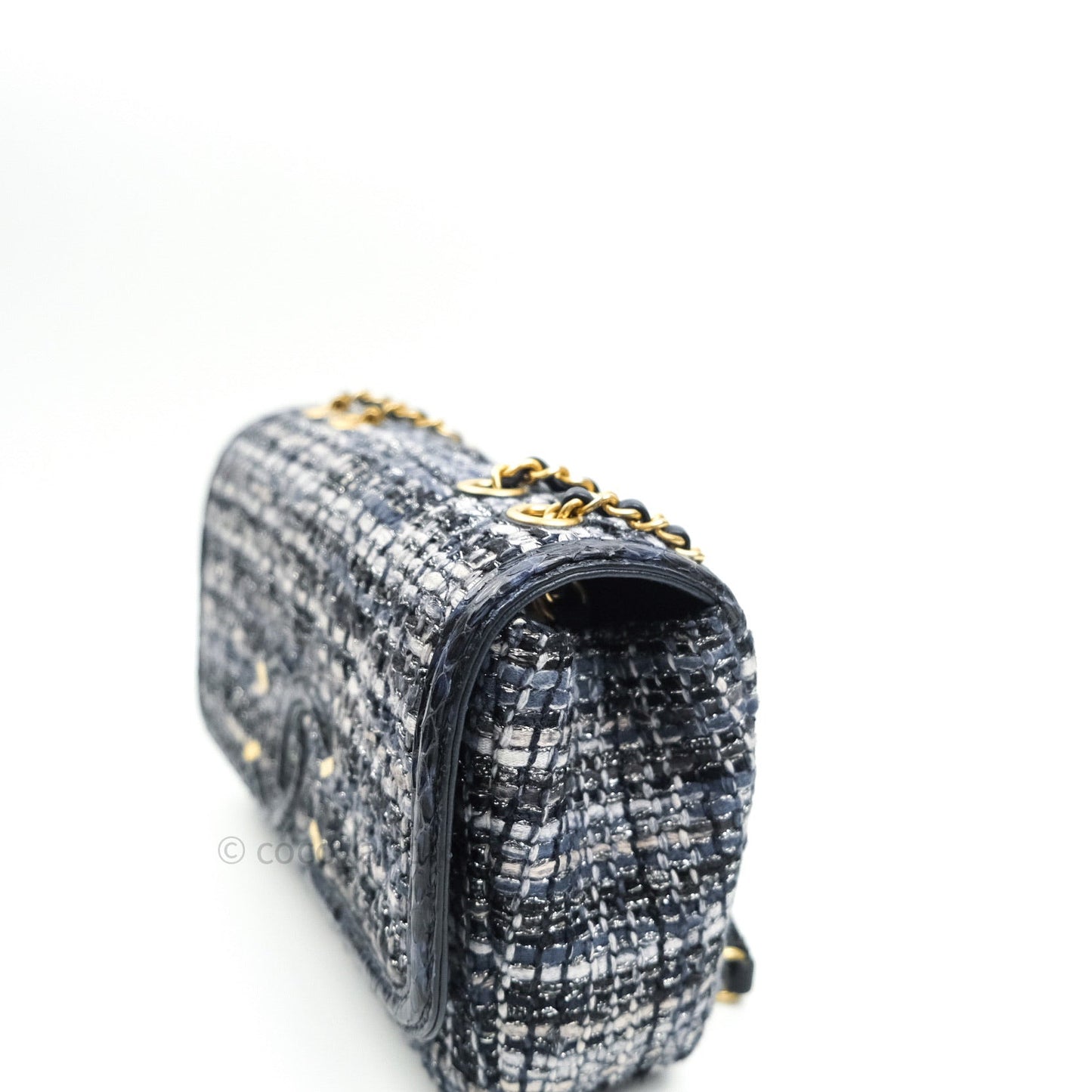 Chanel Quilted Small CC Filigree Flap Blue Tweed With Python 18S