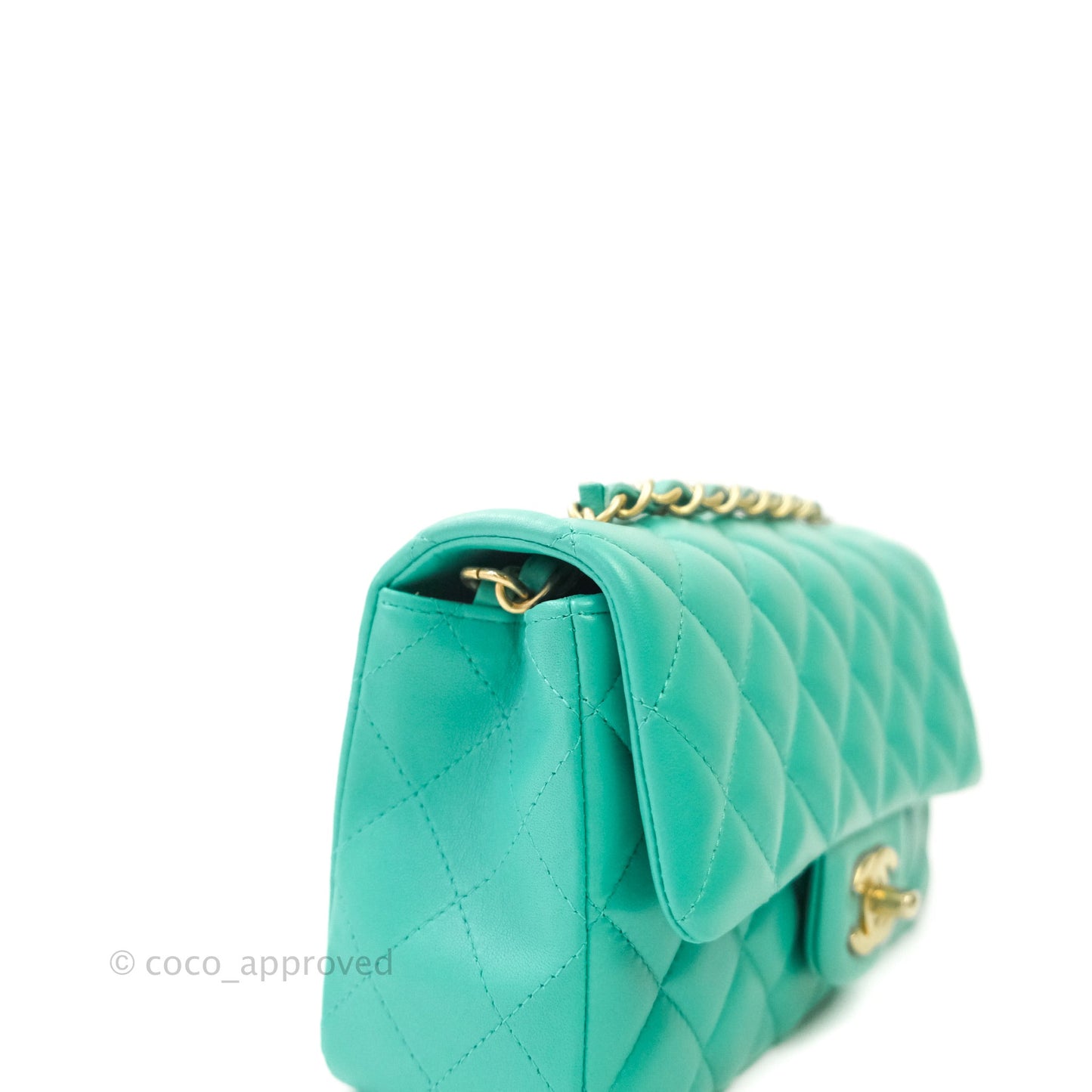 Chanel Quilted Mini Rectangular Turquoise Blue Lambskin Aged Gold Hardware
