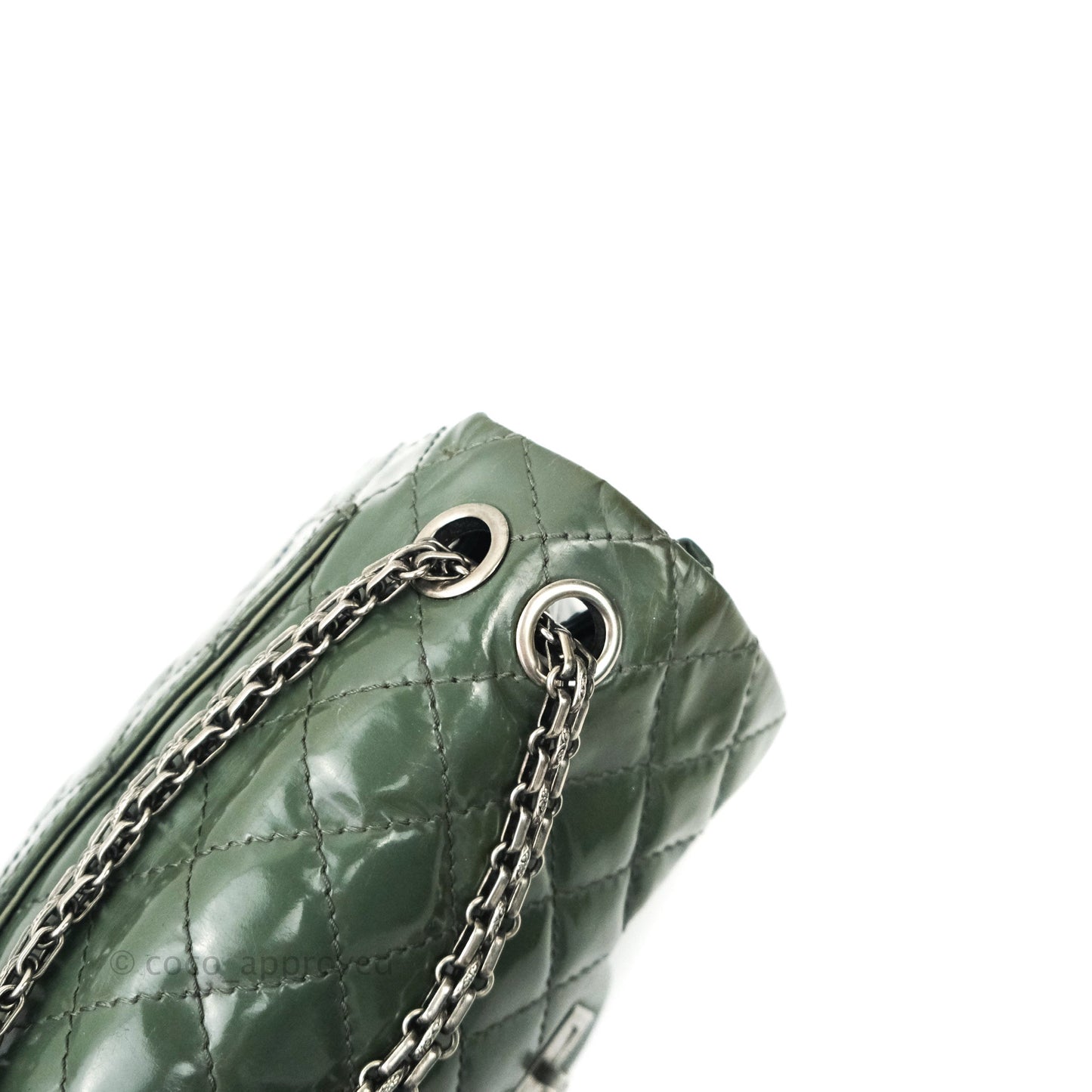 Chanel Mini Reissue 224 Army Green Patent Ruthenium Hardware Double Layer