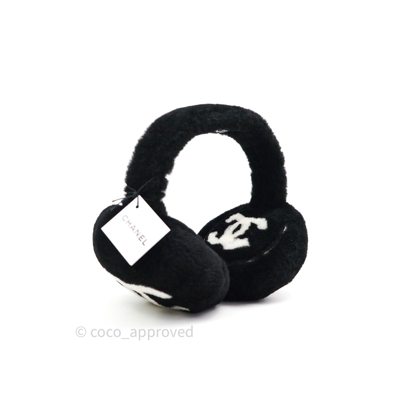 Chanel Shearling Cashmere Black Ivory Logo Earmuffs